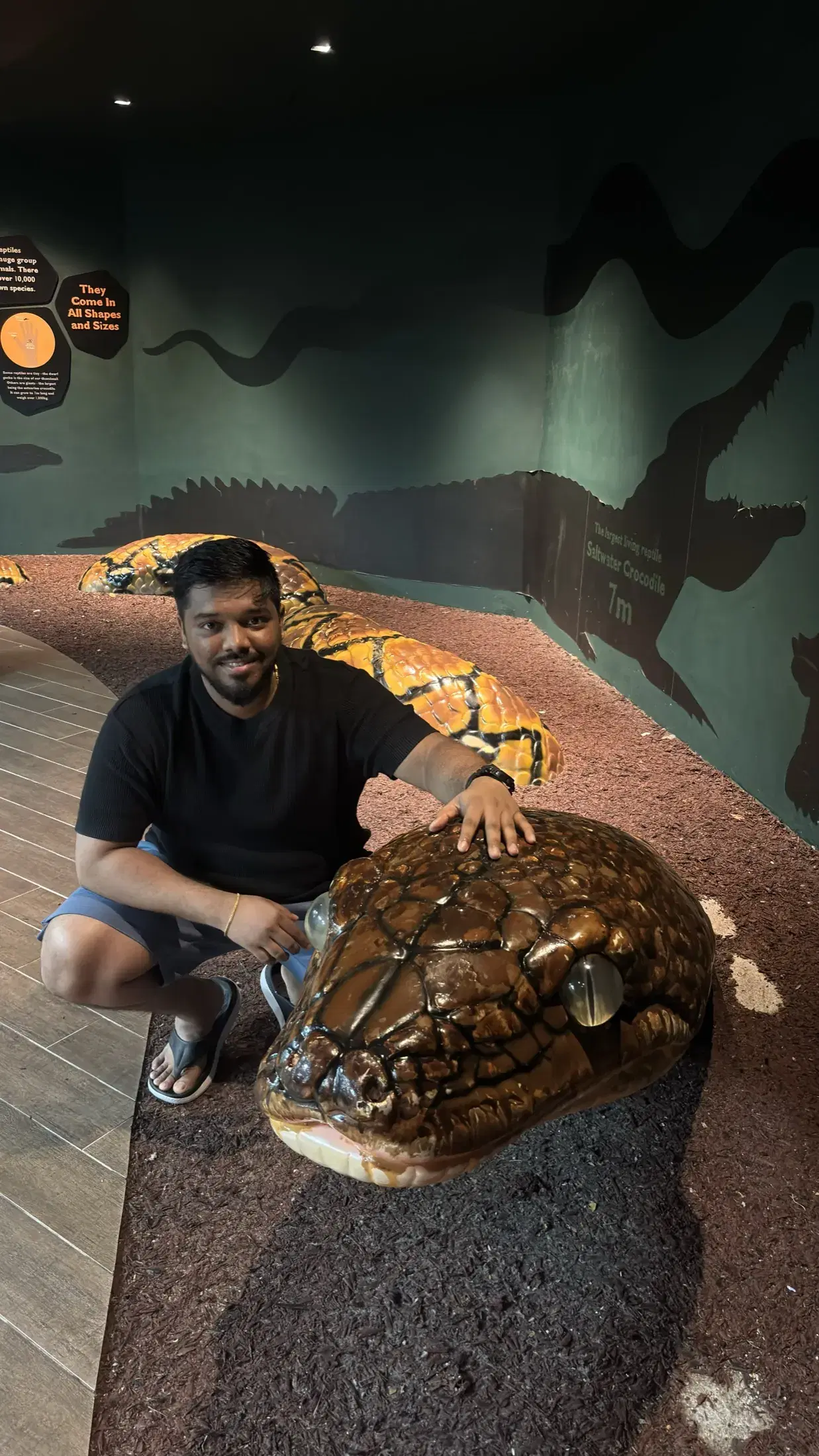 Manish beside a large snake model in a reptile exhibit at Singapore Zoo