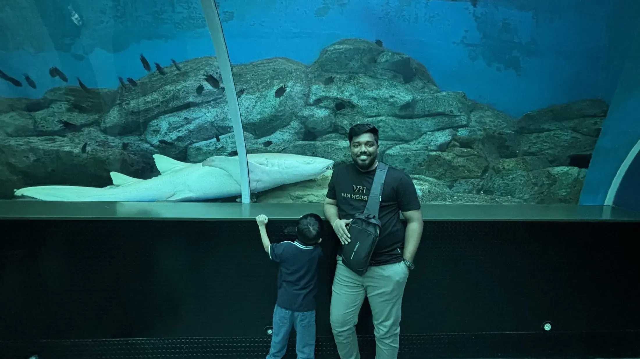 Manish beside aquarium glass while sharks rest on the rocky floor behind him