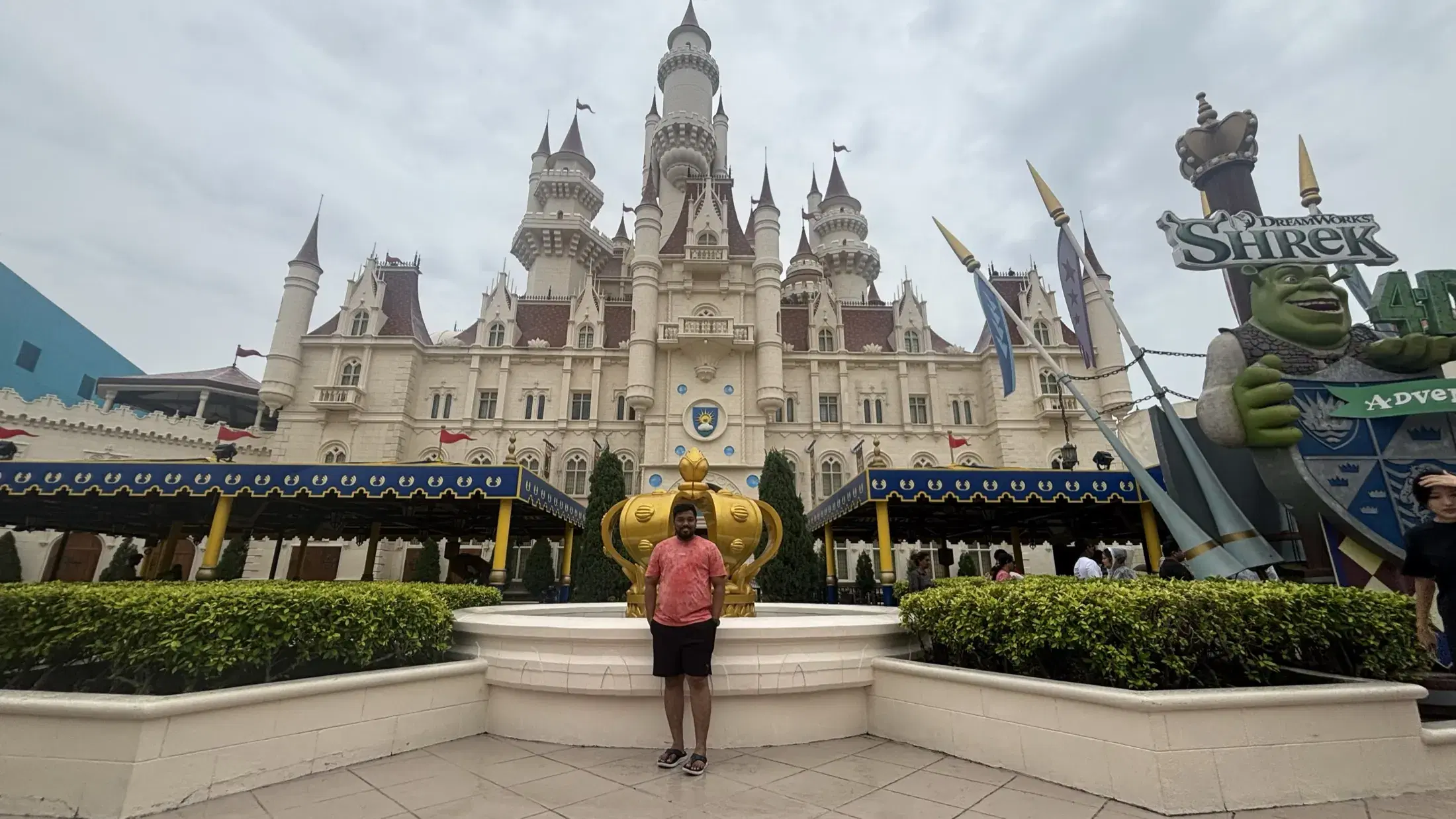 Manish in front of the Far Far Away castle at Universal Studios Singapore