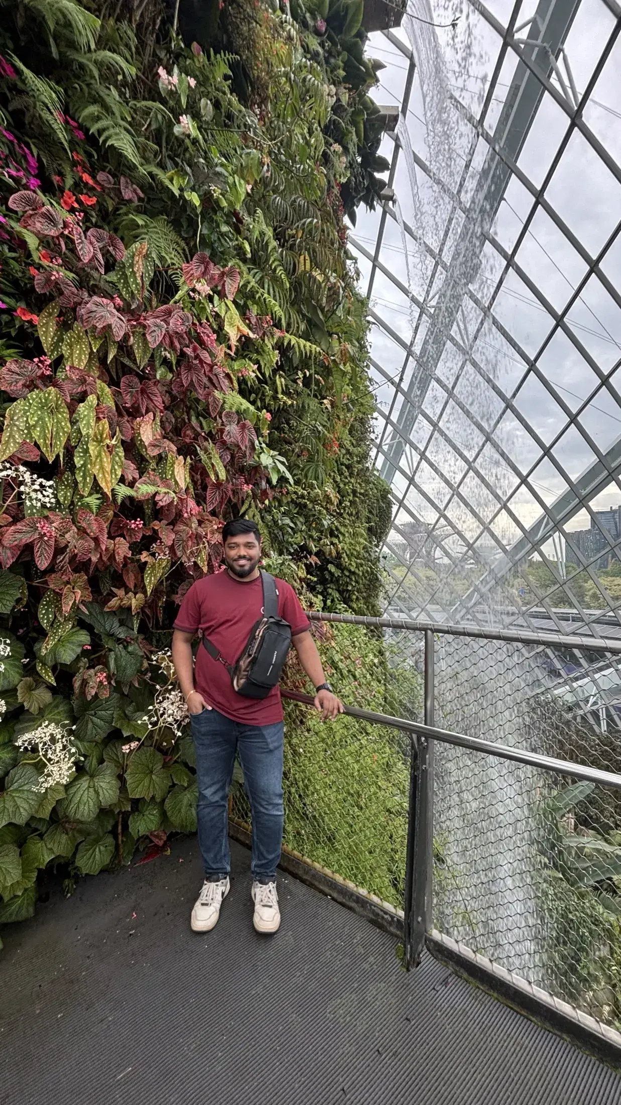Manish beside a tall living wall inside a glass conservatory